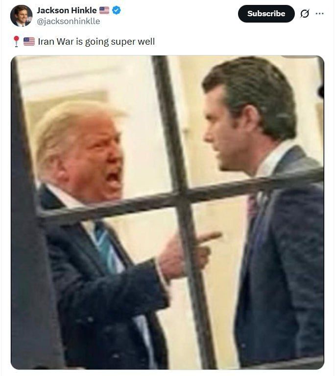 "Иранская война идёт просто отлично" — в Твиттере/X обсуждают фото, на котором Трамп кричит на министра обороны Пита Хегсета